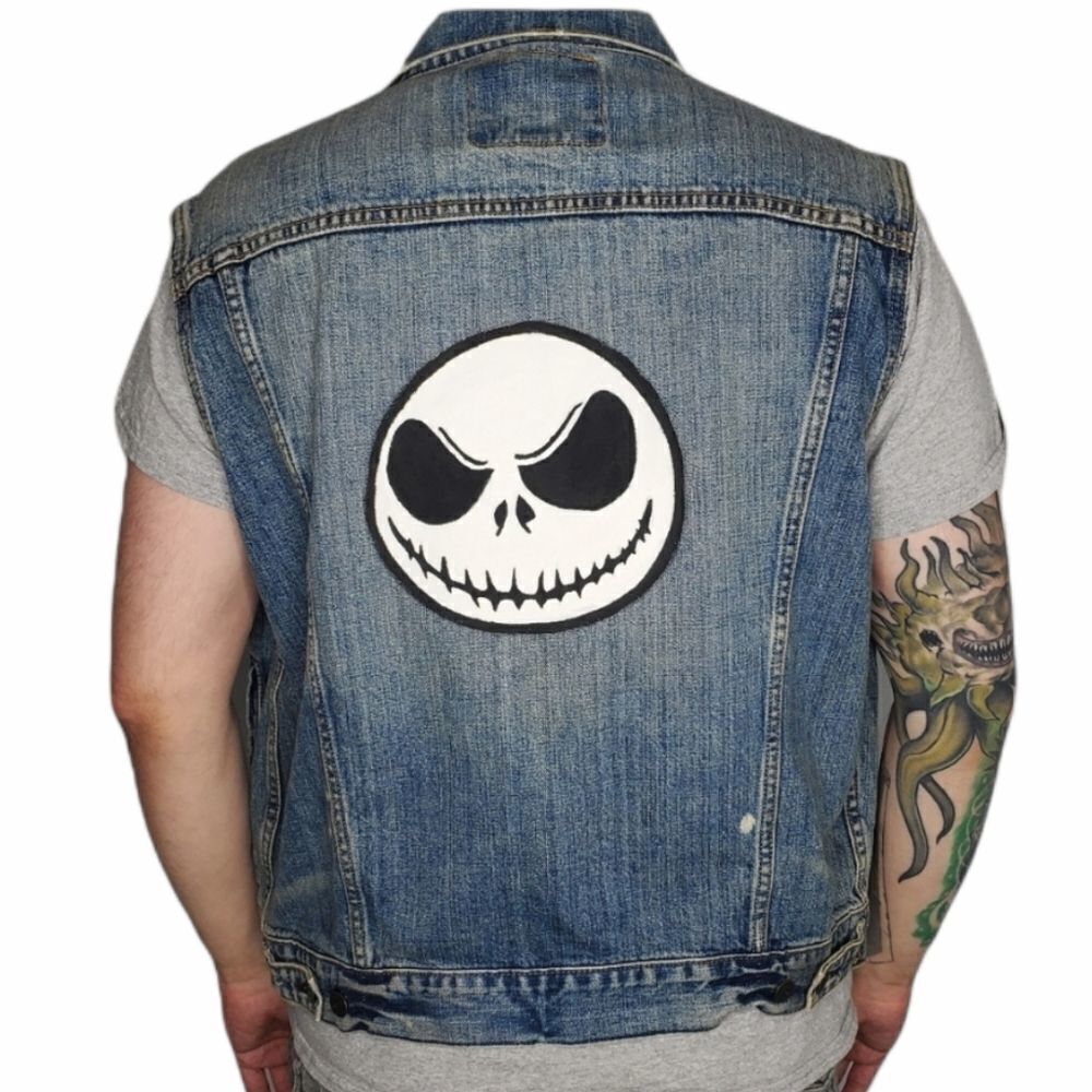 JACK SKELLINGTON vest hand painted distressed jean‎ denim XL